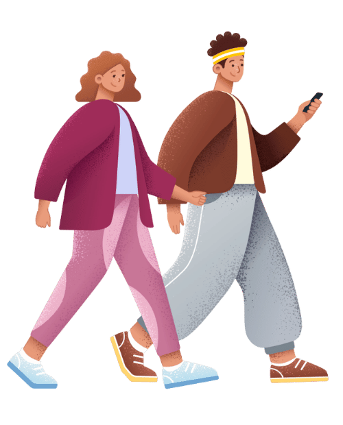 An image showing two people walking alongside each other, phone in hand and proceeding to visit